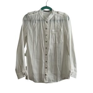 Elie Tahari Womens White Button Down Blouse Mandarin Collar Epaulettes Top